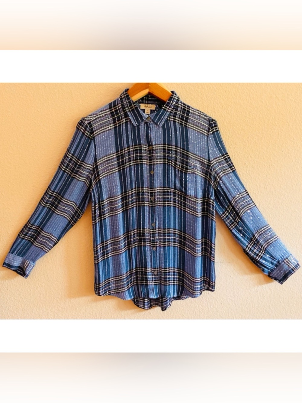 Shirt / Top - Style & Co - Sparkling Blue Plaid - Button Down - Sequin - Large